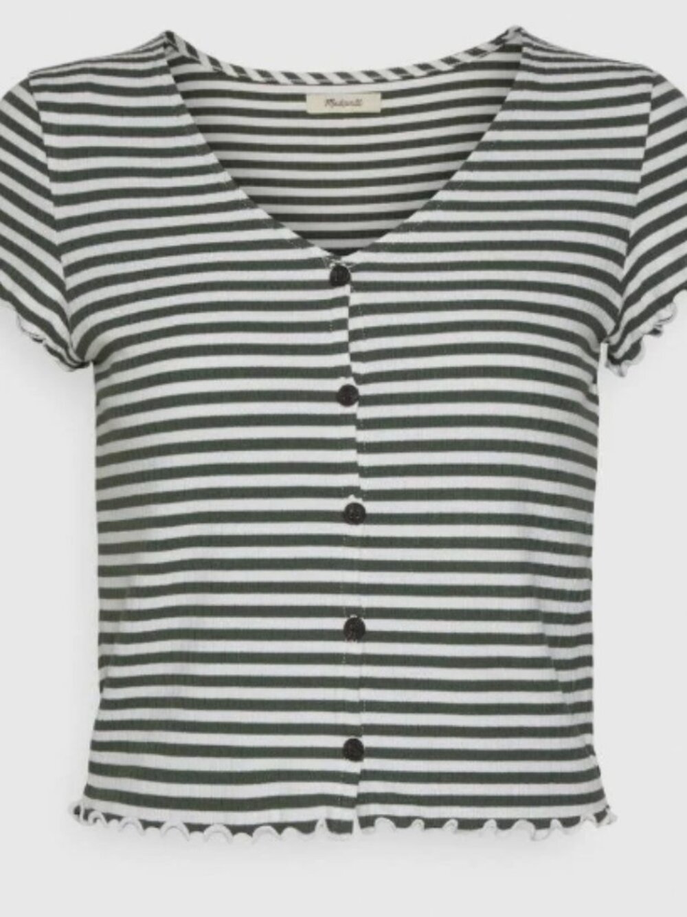 Madewell Button-Front V-Neck Tee Striped Olive Cream Ribbed Size S - Picture 3 of 13